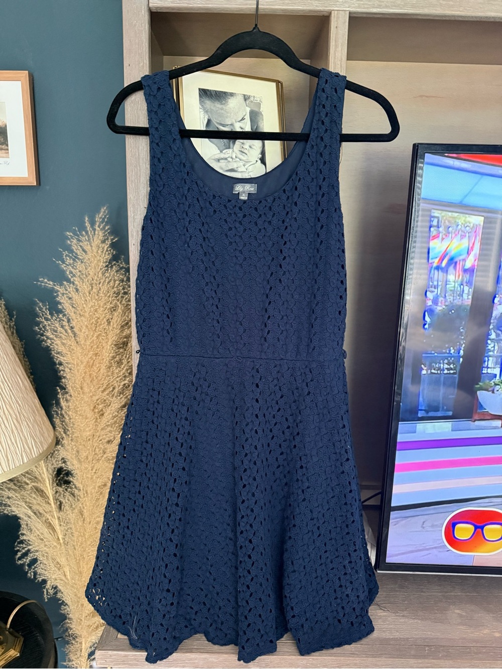 Navy Crochet Fit-and-Flare Dress